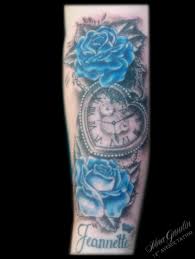 Black And Blue Roses Tattoo Blue Rose Roses Black Grey Pocket Watch Heart Cover Up Tattoo By Nina Gaudin Of 12th Avenue Tattoo In Na Blue Rose Tattoos Watch Tattoos Cool Forearm Tattoos