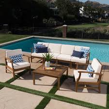 Noble House Giancarlo Teak 7 Piece Wood Patio Sofa And Club Chair Conversation Set With Cream Cushions 39718 The Home Depot Patio Sofa Conversation Set Patio Wood Patio