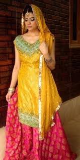 Latest Pakistani Shocking Pink Yellow Bridal Wear Sharara Latest Pakistani Fashion 2020 Formal Wear Anarkali Party Clothing Pishwas Mehendi Outfits Pakistani Mehndi Dress Mehndi Dress For Bride