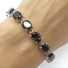 HAN 925 Sterling Silver Real Oval-Cut Smoky Quartz Tennis Link Bracelet 7