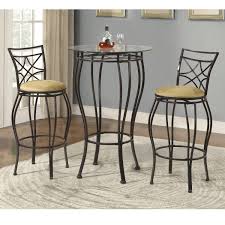 This unique bar set includes a round bar table and two stools. Northridge 3 Piece Wrought Iron And Glass Bistro Set Overstock 22096942