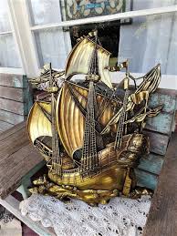 Vintage Mid Century Syroco Pirate Ship Wall Decor Hanging Hollywood Regency Mod Modernist Nautical Sailing Boat Antique Gold Oce Art Ornate Details Pirate Ship