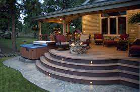 Care For An Evening Hot Tub Custom Built Composite Terrace Features Outdoorfireplace And Must Have Built In Lig Hot Tub Patio Backyard Patio Hot Tub Backyard