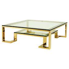 Outdoor wicker side table porch square side coffee table with glass top storage for patio decoration. Eichholtz Huntington Hollywood Regency Glass Top 2 Tier Gold Square Coffee Table 41 W 50 W Kathy Kuo Home
