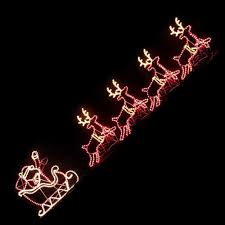 The sleigh includes a christmas tree with led lights. Led Santa Riding 4 Reindeer Deer Sleigh Christmas Rope Motif Light Hisen