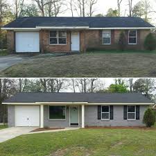 Entire house before and after photos. Brick Ranch Exterior Makeover Painted Brick Hgtv Sherwin Williams Hammered Zinc Gray House Wi Brick Exterior House Home Exterior Makeover Brick Ranch Houses