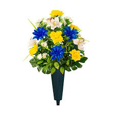 Artificial flowers and plants are the easiest way to change the appearance of your home or work area. Sympathy Silks Artificial Cemetery Flowers Realistic Vibrant Roses Outdoor Grave Decorations Non Bleed Colors And Easy Fit 1 Blue Dahlia And White Orchid Bouquet With 1 Vase Silk Flower Arrangements