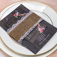 Burlap and lace chic was live. Rustic Floral Wedding Invitations With Burlap Lace Belly Band Art Deco Design Vintage Bohemian Invite With Antler Woodland Country Fall Winter Rsvp Cards Ws080 Wedding Invitations Wedding Invites Paper