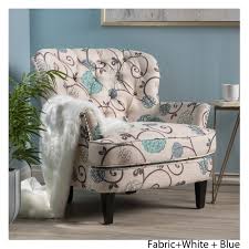 Accent chairs are a beautiful and practical way to complete a living room set, or to add some extra nothing like a colorfully patterned chair to complete your bedroom or living area and this slipper the vintage floral fabric and espresso colored mahogany will add a touch of vintage to any room, and. Teeton White And Blue Floral Fabric Club Accent Chair Walmart Canada