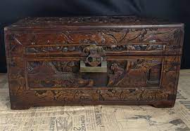 Oriental chinese ornate carved solid wood victorian camphor wood campaign military traveling brass bound box trunk chest. Antique Japanese Box Heavily Carved Camphor Wood Box Small Chest Wood Boxes Antiques Carving