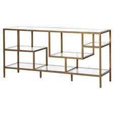 Herlyn Modern Classic Tempered Glass Staggered Shelves Antique Brass Console Table Brass Console Table Reclaimed Wood Media Console Media Console