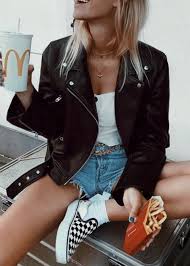 Black And White Checkered Leather Jacket Guess Black Leather Jacket White Tee Levis Shorts Vans Checkered Slip On Sneakers Best City Street Style Outfits Street Style Outfit Fashion Clothes