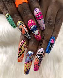 Dallasalexiaxo On Instagram Pop Art Inspired Long Nails Blackgirlnails Coffinnails Graffiti Nails Nail Designs Unique Pop Art Nails