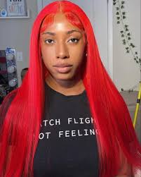 Red Color Straight Hair 13x6 Lace Front Wigs 200% Density Pre-plucked  Hairline