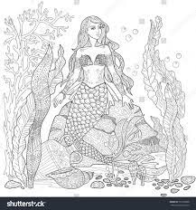 From cute and playful pictures for little kids to detailed, intricate drawings for big kids and adults to color in, you'll find an extensive range of beautiful mermaid pictures to choose from! Mermaid On The Seabed Page Sea Life With Algae And Shell In Doodle Style Vector Illust Mermaid Coloring Pages Mermaid Coloring Disney Princess Coloring Pages