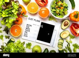 Healthy diet eating plan. Weight loss program on the sheet and tablet  computer with blank screen, fresh food on the table. Top view Stock Photo -  Alamy