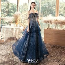 Chic Beautiful Navy Blue Evening Dresses 2020 A Line Princess Off The Shoulder Short Sleeve Sequins Floor Length Long Ruffle Backless Formal Dresses Blue Evening Dresses Evening Dresses Backless Dress Formal