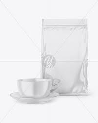 Download Glossy Stand Up Bag With Coffee Mug Mockup In Bag Sack Mockups On Yellow Images Object Mockups
