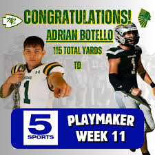 Congratulations to Adrian Botello for being selected for channel 5's  playmaker of the week! #WarriorPride 💚🏈