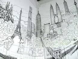 Global City A Sprawling Mural Drawn On The Walls And Cabinets Of A Kitchen By Deck Two City Drawing Mural Mural Wall Art