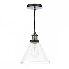 Large antique pendant light fixture with original milk glass shade, c. Vintage Antique Brass Ceiling Pendant With Clear Tapered Glass Shade