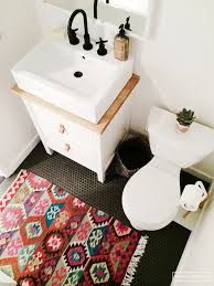 Black And White Boho Rug Small Trend Alert Persian Rugs In The Bathroom Small Bathroom Small Space Design Office Bathroom