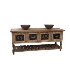 This double sink white bathroom vanity holds unique wooden sinks to match a wood bath. Order Rustic Vanity With Metal Doors Online