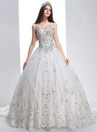 Abiti da sposa e cerimonia. Abito Da Sposa Principesco In Pizzo Con Strass Argento Con Spalline E Scollo A V