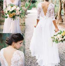 Discount 2017 Spring Boho Sheath Wedding Dress With Sheer Long Sleeves V Neck Backless Plus Size Floor Long Vintage Lace Western Country Bridal Gown Traditional Sheer Wedding Dress Boho Wedding Dress