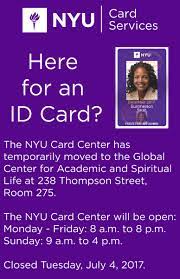 Returning nyu students who need a replacement card or whose card has expired must go to the nyu card center, located on the ground floor of 7 washington place, to obtain a replacement or updated nyu id card. Nyu Public Safety On Twitter The Nyuniversity Card Center Continues Temporary Operation Out Of 238 Thompson St Rm 275 This Weekend For More Https T Co Gnhlkcnqr2 Https T Co Hn4g7jgyru