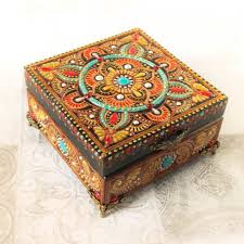 Bohemian Wooden Trinket Box With Lid Boho Jewelry Box Unique Storage Box With Gold Mandala Pattern Decorative Boxes Wooden Jewelry Boxes Trinket Boxes