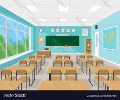 empty school classroom interior with chalkboard teachers table desks and chairs school supplies educati classroom interior school classroom school interior
