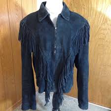 Wilsons Leather Fringed Black Suede Zip Front Leather Womens