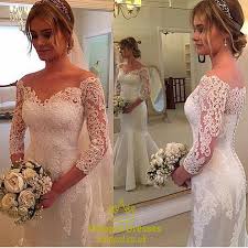 Find plus size bridal gowns in a flattering mermaid style from david's bridal. Off The Shoulder Illusion Neck 3 4 Sleeve Lace Mermaid Wedding Dress Vampal Dresses