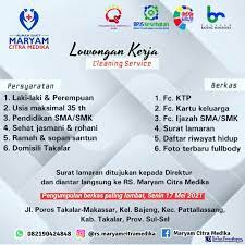 Secara umum bisa di artikan seseorang yang mempunyai tugas dan tanggung jawab untuk memberikan sebuah pelayanan kerapihan dan kebersihan pada sebuah bangunan entah itu dalam maupun di luar gedung diberbagai perusahaan / instansi seperti kantor perusahaan, rumah sakit, hotel, mall. Lowongan Kerja Cleaning Service Rs Maryam Citra Medika Takalar