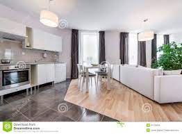 She divides the space visually by switching from walls in 'nabis' by adam bray for papers and paints in the living area to a custom apricot shade in the kitchen. Modern Interior Design Living Room With Kitchen Stock Photo 44126399 Megapixl