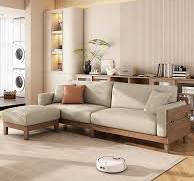 Sofá de madeira maciça para apartamento pequeno, estilo nórdico e japonês,  sofá de três lugares, tecido cinza, moderno e simples, sala de estar - ...