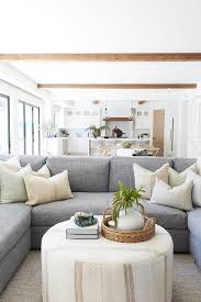 Coffee tables can add different textural elements to your room, depending on the style, since they can be made from glass, wood or metal. A Round Ivory Ottoman Coffee Table Sits On A Gray Rug In Front Of A Blue Gray U Shaped Sectional Accented Wi Living Room Sectional Family Room Home Living Room