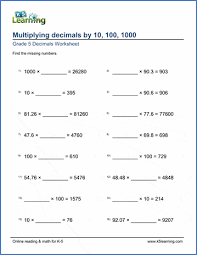 We have crafted many worksheets covering various aspects of this topic, modelling multiplication, patterns in decimal operations, estimate products, decimal products, and many more. Worksheet Multiply Decimals By 10 100 Or 1 000 Missing Factors K5 Learning