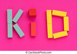 Early childhood education and care access for children from disadvantaged backgrounds: Word Kid Made From Multicolored Wooden Bricks Toys On Purple Paper Background Early Childhood Education And Kids Game Canstock