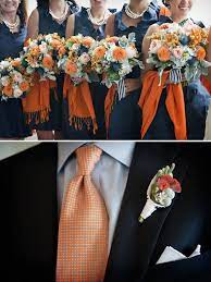 Watercolor navy, blue and orange flowers clipart, bouquets, individual elements and floral silver frame. Preppy October Wedding From Hanna Floral Design Fall Wedding Colors Wedding Colors Fall Wedding Color Trends
