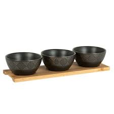 Acacia Snack Tray With 3 Black Earthenware Bowls With Golden Motifs Maisons Du Monde