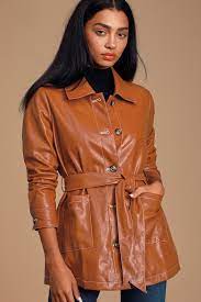 Lulus Abilene Brown Vegan Leather Belted Jacket Size X Small 100 Polyester Vegan Friendly Belted Jacket Jackets Vegan Leather Jacket