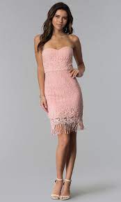 Light pink shoulders off wedding guest dress. Lace Strapless Short Wedding Guest Dress With Fringe