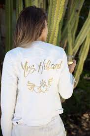 White Leather Wedding Jacket For Bride With Gold Lettering And Heart Hand Design Custom Hand Painted Leather Jackets Boda Chaquetas