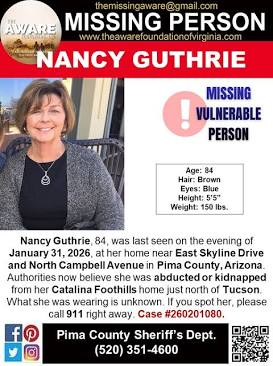 Nancy Guthrie, 84, remains missing in Arizona, AI generated