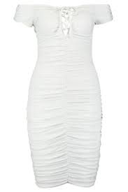 Maybe you would like to learn more about one of these? Boohoo Ruched Off Shoulder Lace Up Bodycon Dress In Ivory White Lyst