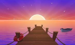 Cartoon Sunset At Pier Boat Illustration Boat Cartoon Cartoon Illustration