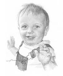 Cute happy baby boy kid child playing and drawing writing, isolated on white background studio portrait. Baby Boy In Overalls Pencil Portrait Drawing By Mike Theuer