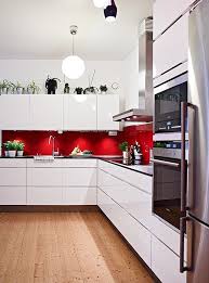 Kitchen cabinet kick boards give a finished look to the kitchen cabinets. Contrasting Colours Kitchen Kick Boards White Kitchen Interior Red Kitchen Decor Kitchen Design